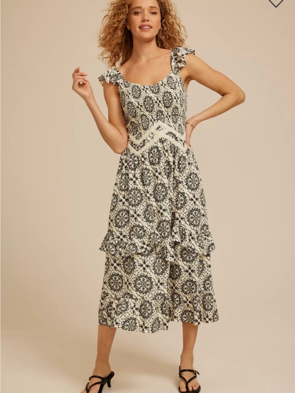 Maurices Black and Cream Patterned Ruffle Midi Dress